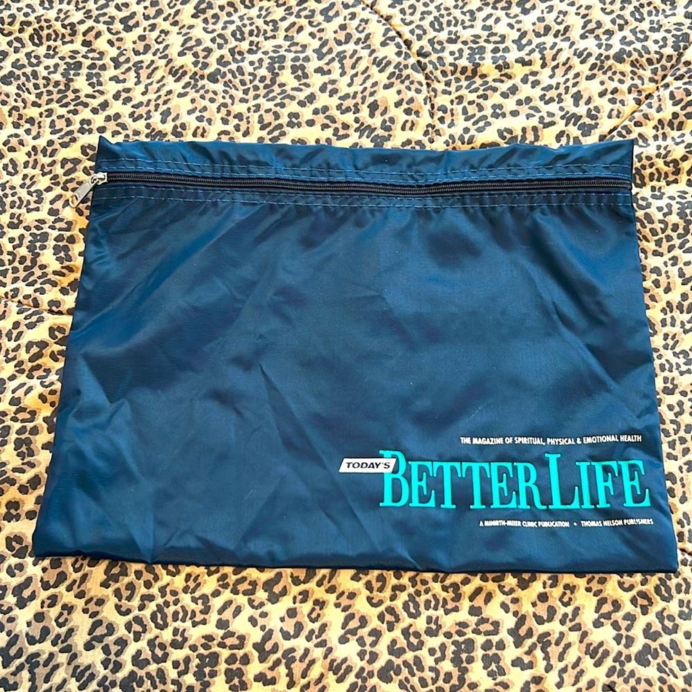⭐️.Today’s Better Life zippered bag navy blue turquoise white print 15” x 11.5”